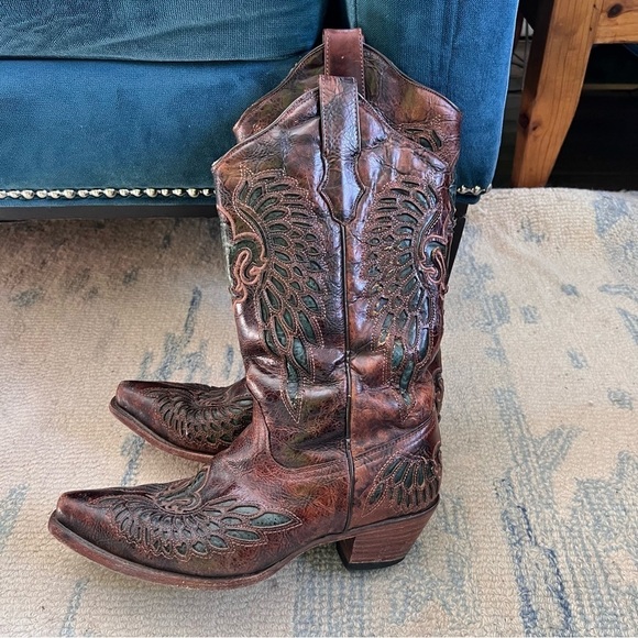 CORRAL Chestnut Turquoise Wing Fleur de Lis Snip Toe Cowgirl Boots Size 9.5 - Picture 12 of 13